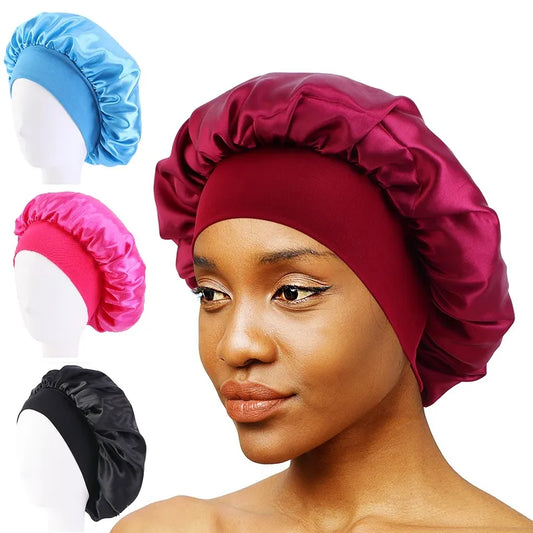 New Women's Satin Solid Wide-brimmed Sleeping  Bonnet